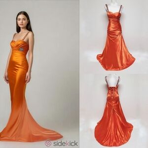 Morilee Pumpkin Orange Satin Rhinestone Ruched Tulle Train Lace-Up Mermaid Dress